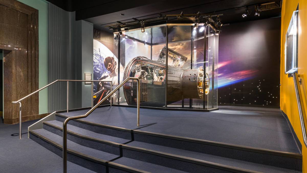 Part of a space ship in a glass case at adler planetarium